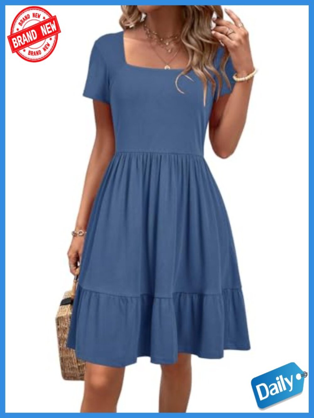 Women's Square Neck Ruffle A-Line Midi Sundress with Pockets Soft Knit